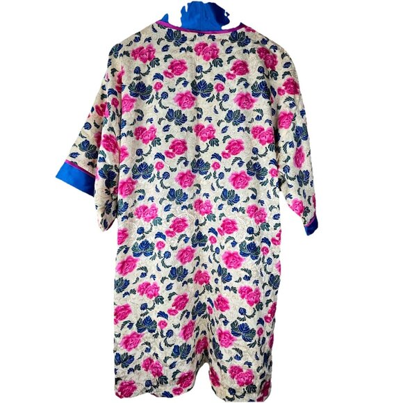 Floral Satin Sleep Robe Women Size M Blue Pink Tie Front Loungewear - Picture 16 of 16